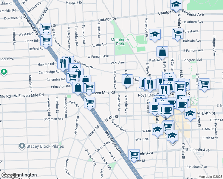 map of restaurants, bars, coffee shops, grocery stores, and more near 123 Maxwell Avenue in Royal Oak