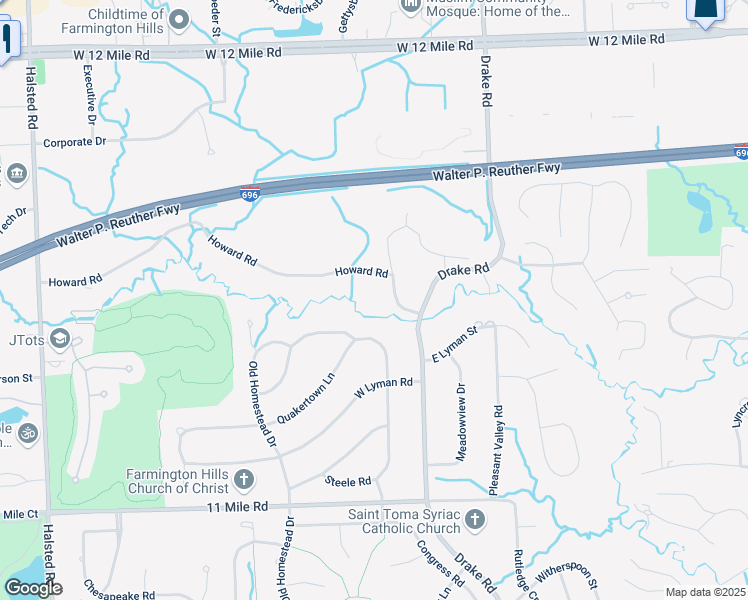 map of restaurants, bars, coffee shops, grocery stores, and more near 36199 Howard Road in Farmington Hills