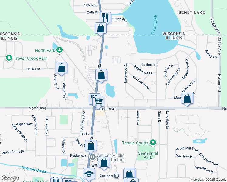 map of restaurants, bars, coffee shops, grocery stores, and more near 471 Main Street in Antioch