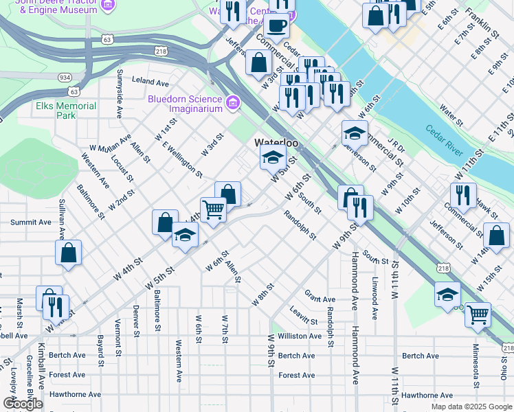 map of restaurants, bars, coffee shops, grocery stores, and more near 614 Randolph Street in Waterloo