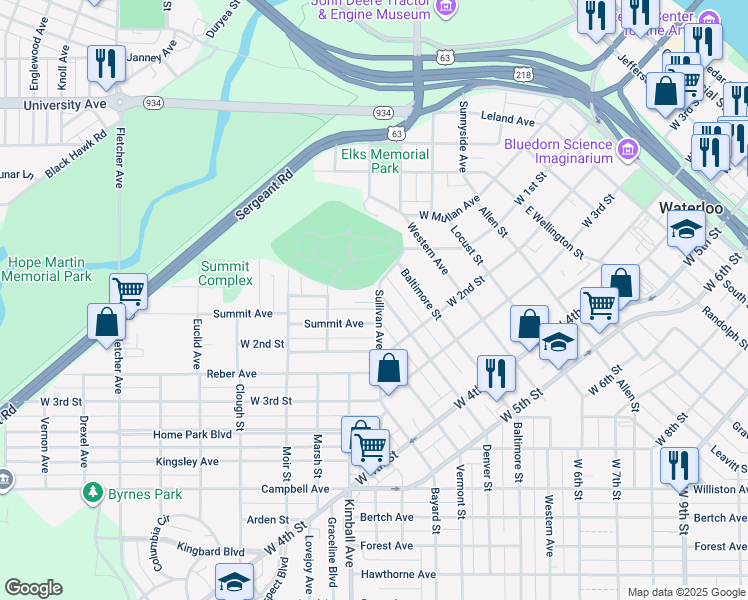 map of restaurants, bars, coffee shops, grocery stores, and more near 232 Sullivan Avenue in Waterloo