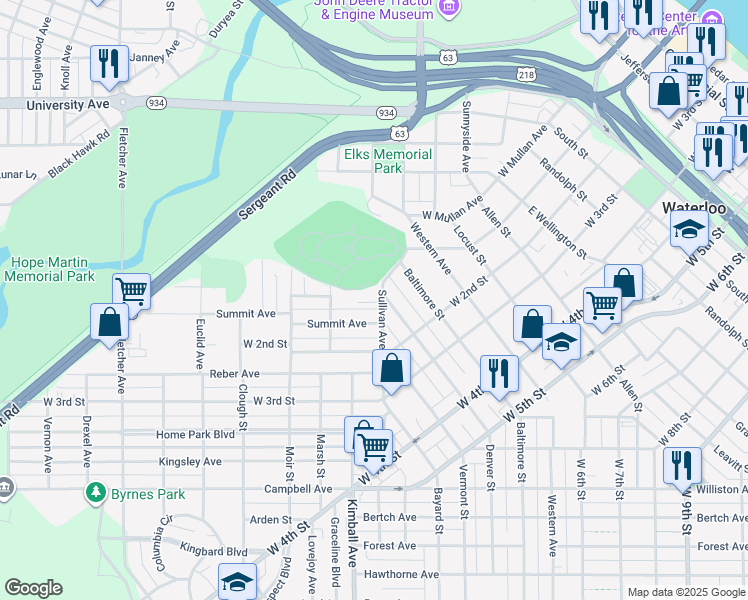 map of restaurants, bars, coffee shops, grocery stores, and more near 232 Sullivan Avenue in Waterloo