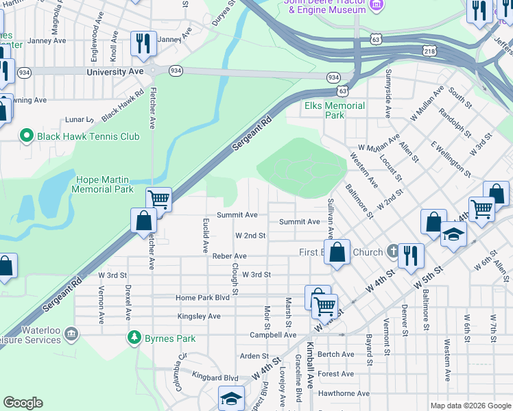 map of restaurants, bars, coffee shops, grocery stores, and more near 123 Chicago St in Waterloo