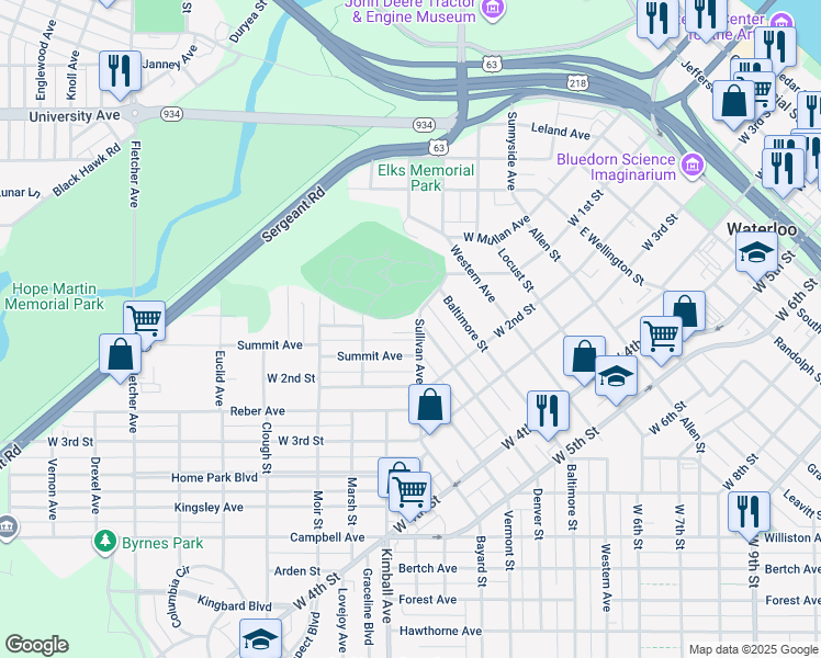 map of restaurants, bars, coffee shops, grocery stores, and more near 232 Sullivan Avenue in Waterloo