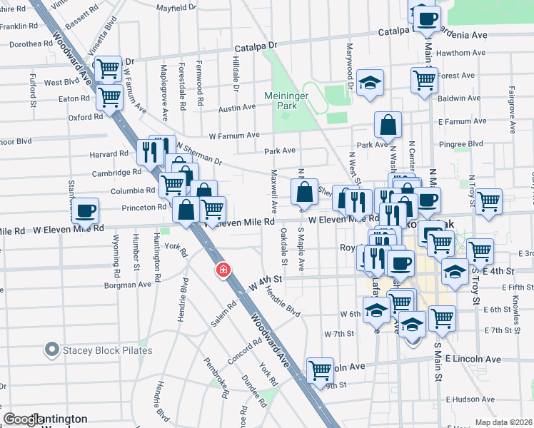 map of restaurants, bars, coffee shops, grocery stores, and more near 123 Maxwell Avenue in Royal Oak