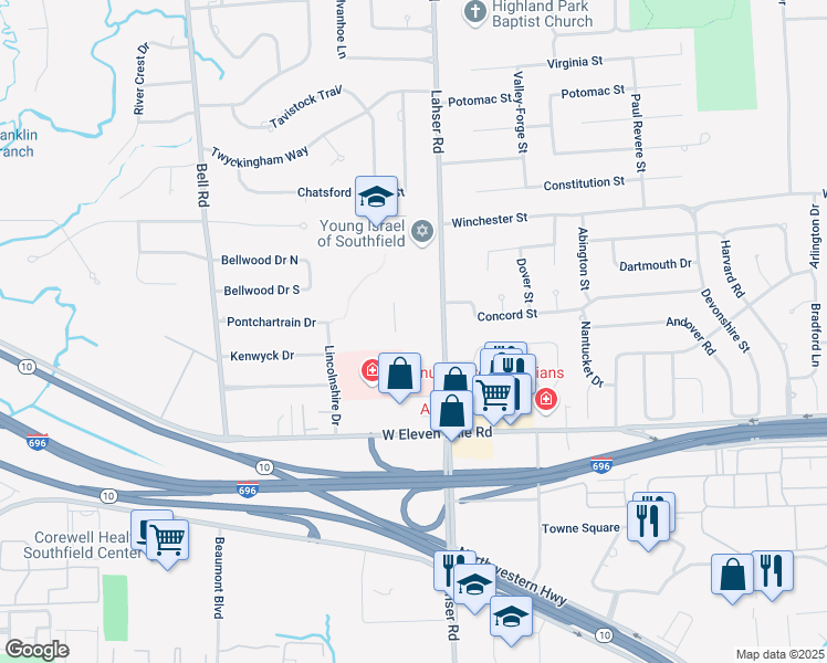 map of restaurants, bars, coffee shops, grocery stores, and more near 27577 Lahser Road in Southfield