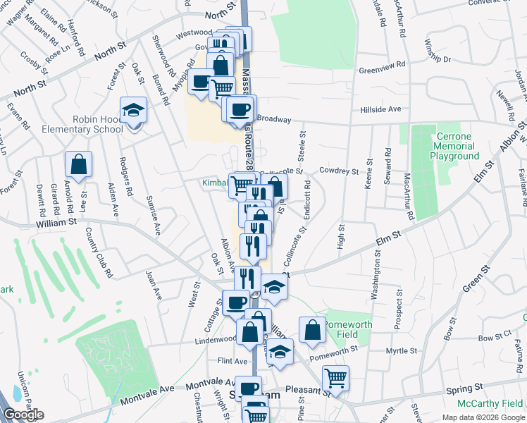 map of restaurants, bars, coffee shops, grocery stores, and more near 168 Massachusetts 28 in Stoneham