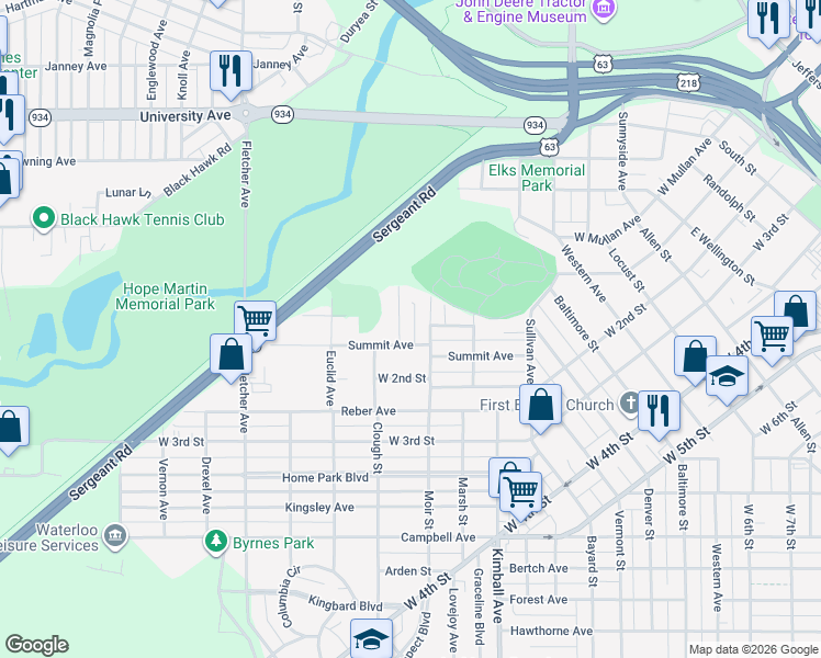 map of restaurants, bars, coffee shops, grocery stores, and more near 123 Chicago St in Waterloo