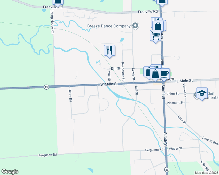 map of restaurants, bars, coffee shops, grocery stores, and more near 73 West Main Street in Dryden