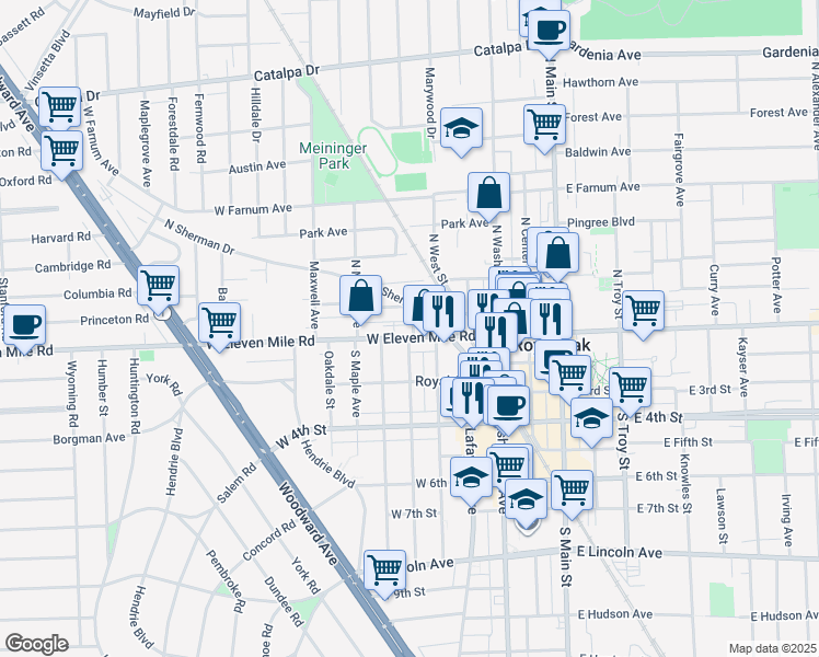 map of restaurants, bars, coffee shops, grocery stores, and more near 546 North Sherman Drive in Royal Oak