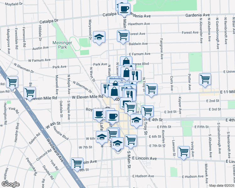 map of restaurants, bars, coffee shops, grocery stores, and more near 103 North Center Street in Royal Oak