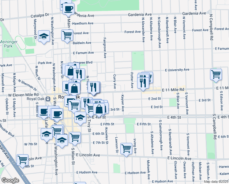 map of restaurants, bars, coffee shops, grocery stores, and more near 101 Curry Avenue in Royal Oak