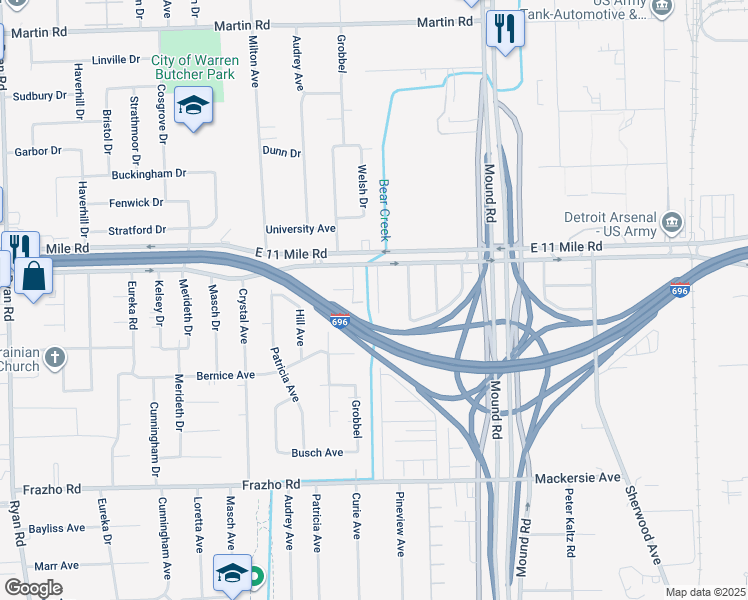 map of restaurants, bars, coffee shops, grocery stores, and more near 26859 Villa Calabrese in Warren