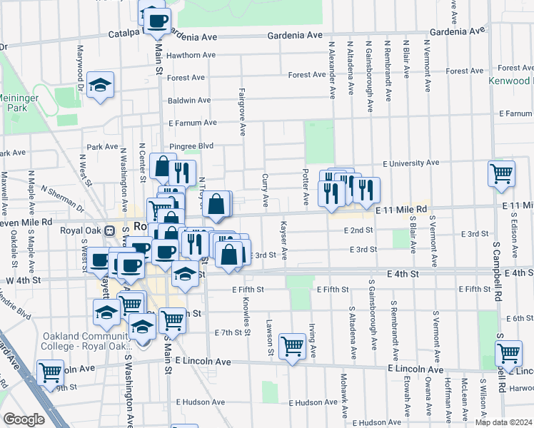 map of restaurants, bars, coffee shops, grocery stores, and more near E 11 Mile Rd & Curry Ave in Royal Oak