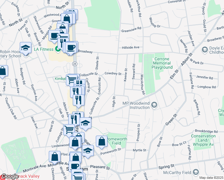 map of restaurants, bars, coffee shops, grocery stores, and more near 115 Collincote Street in Stoneham