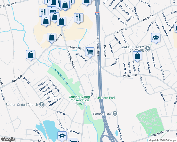 map of restaurants, bars, coffee shops, grocery stores, and more near 62 Mill Street in Woburn