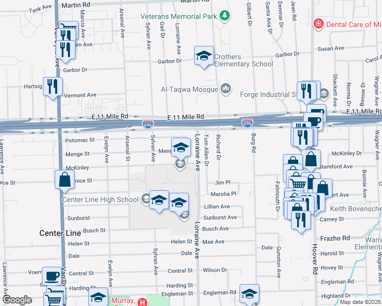 map of restaurants, bars, coffee shops, grocery stores, and more near 26677 Tom Allen Drive in Warren