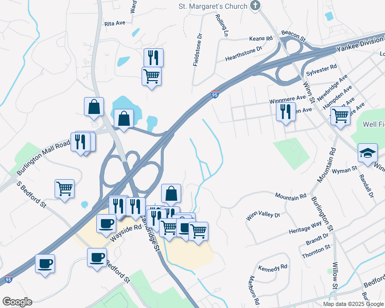 map of restaurants, bars, coffee shops, grocery stores, and more near 23 Littles Brook Court in Burlington