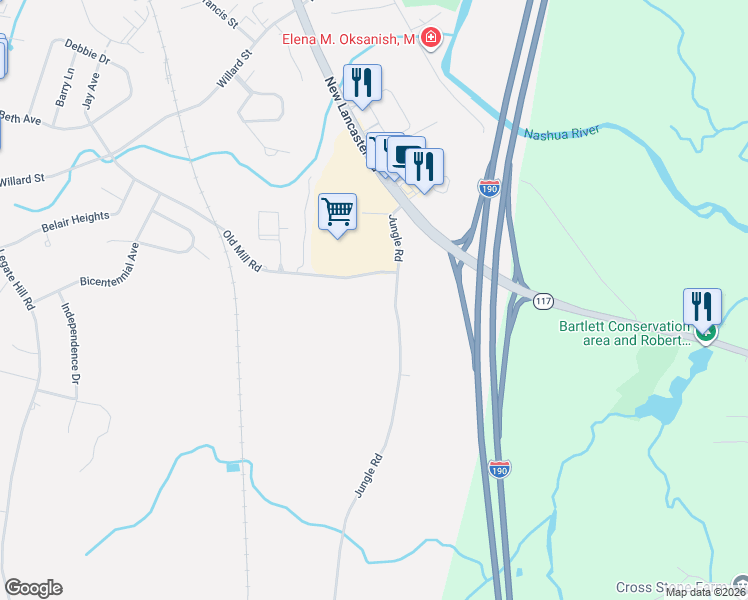 map of restaurants, bars, coffee shops, grocery stores, and more near 21 Jungle Road in Leominster