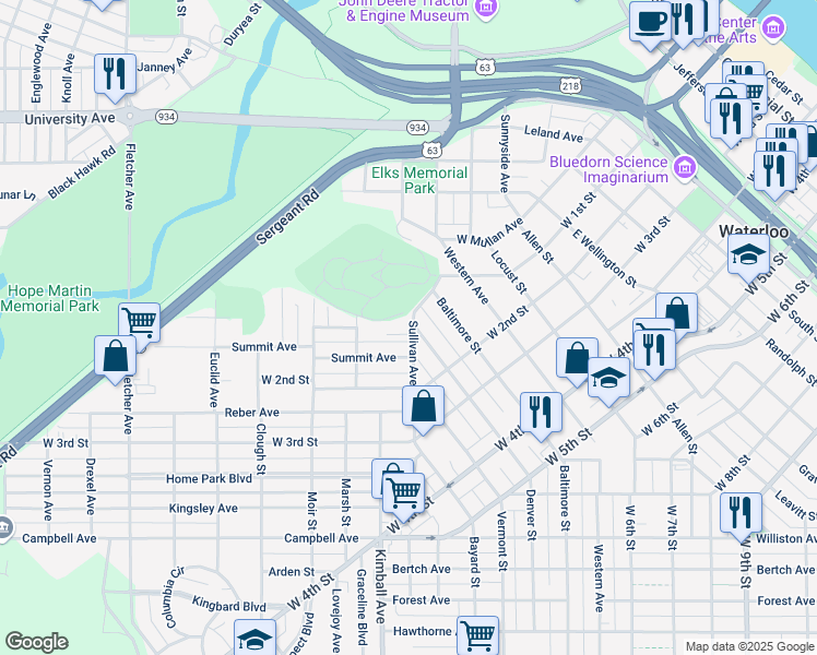 map of restaurants, bars, coffee shops, grocery stores, and more near 238 Sullivan Avenue in Waterloo