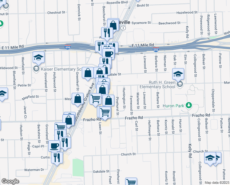 map of restaurants, bars, coffee shops, grocery stores, and more near 17829 Marquette Street in Roseville