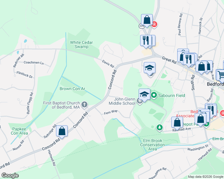 map of restaurants, bars, coffee shops, grocery stores, and more near 2 Abbott Lane in Bedford