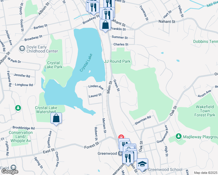 map of restaurants, bars, coffee shops, grocery stores, and more near 762 Main Street in Wakefield