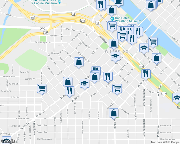 map of restaurants, bars, coffee shops, grocery stores, and more near 840 West 4th Street in Waterloo