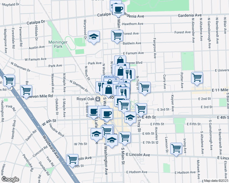 map of restaurants, bars, coffee shops, grocery stores, and more near 100 North Center Street in Royal Oak