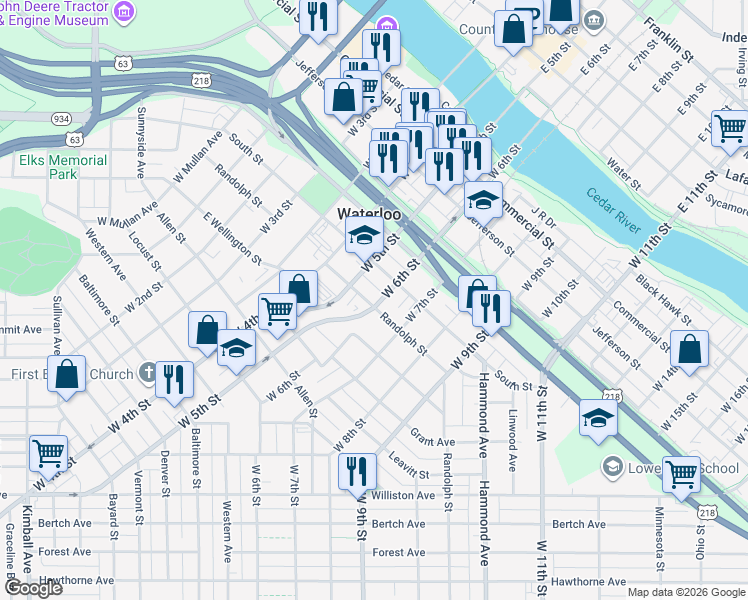 map of restaurants, bars, coffee shops, grocery stores, and more near 629 West 5th Street in Waterloo