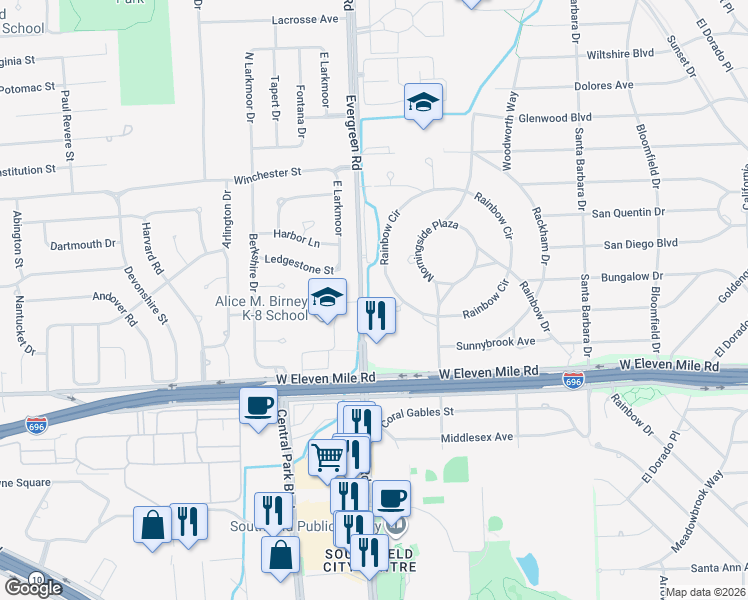 map of restaurants, bars, coffee shops, grocery stores, and more near 27414 Evergreen Road in Lathrup Village