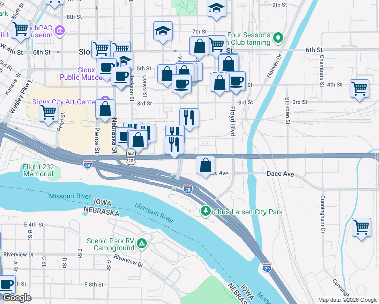 map of restaurants, bars, coffee shops, grocery stores, and more near 1005 Gordon Drive in Sioux City