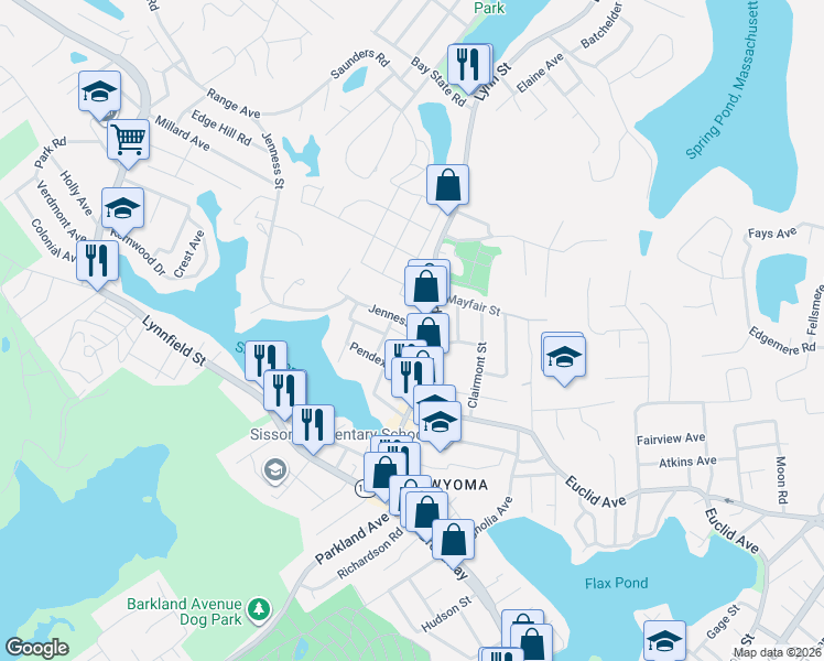map of restaurants, bars, coffee shops, grocery stores, and more near 24 Jenness Street in Lynn