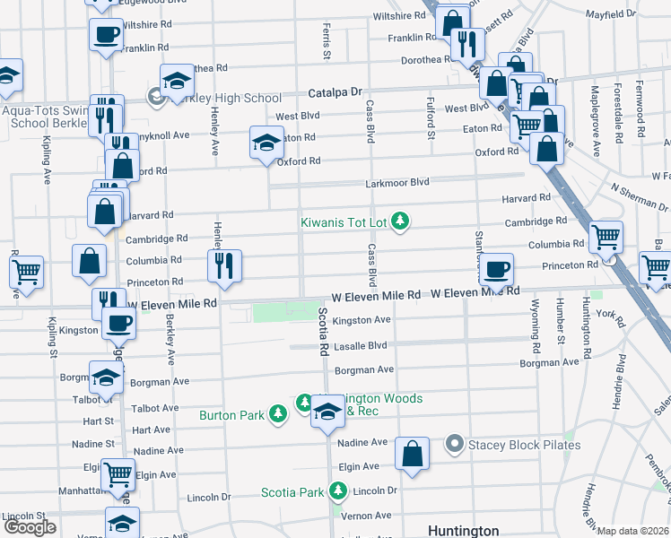 map of restaurants, bars, coffee shops, grocery stores, and more near 1705 Columbia Road in Berkley