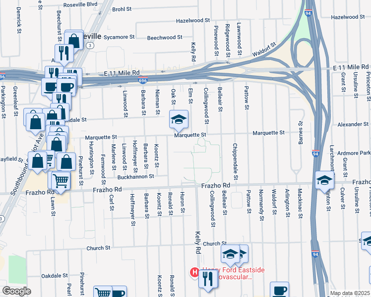 map of restaurants, bars, coffee shops, grocery stores, and more near 18530 Marquette Street in Roseville
