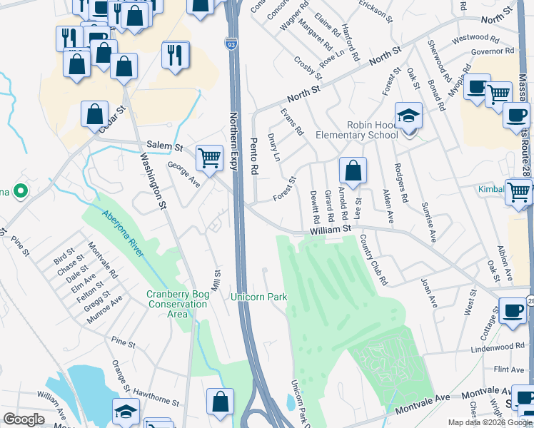 map of restaurants, bars, coffee shops, grocery stores, and more near 69 Mill Street in Woburn