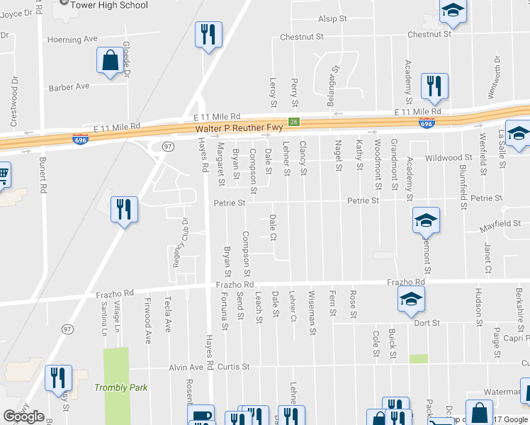 map of restaurants, bars, coffee shops, grocery stores, and more near 26387 Dale Court in Roseville