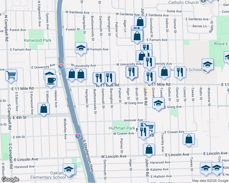 map of restaurants, bars, coffee shops, grocery stores, and more near 415 West Eleven Mile Road in Madison Heights