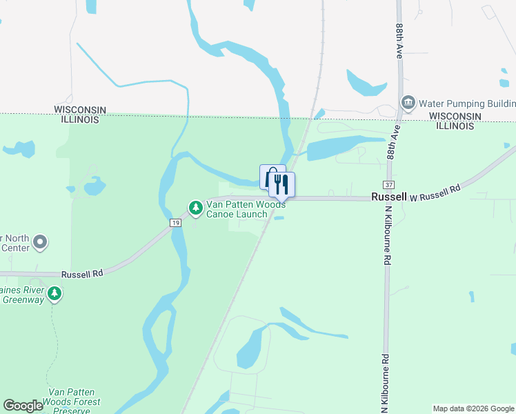 map of restaurants, bars, coffee shops, grocery stores, and more near 14913 West Russell Road in Zion