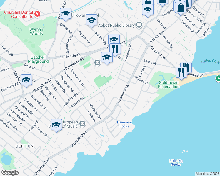 map of restaurants, bars, coffee shops, grocery stores, and more near 50 Gerald Road in Marblehead