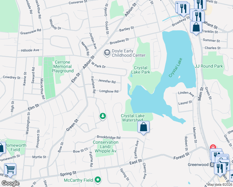 map of restaurants, bars, coffee shops, grocery stores, and more near 19 Longbow Road in Stoneham