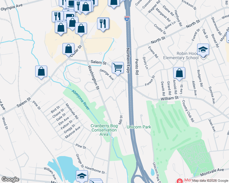 map of restaurants, bars, coffee shops, grocery stores, and more near 62 Mill Street in Woburn