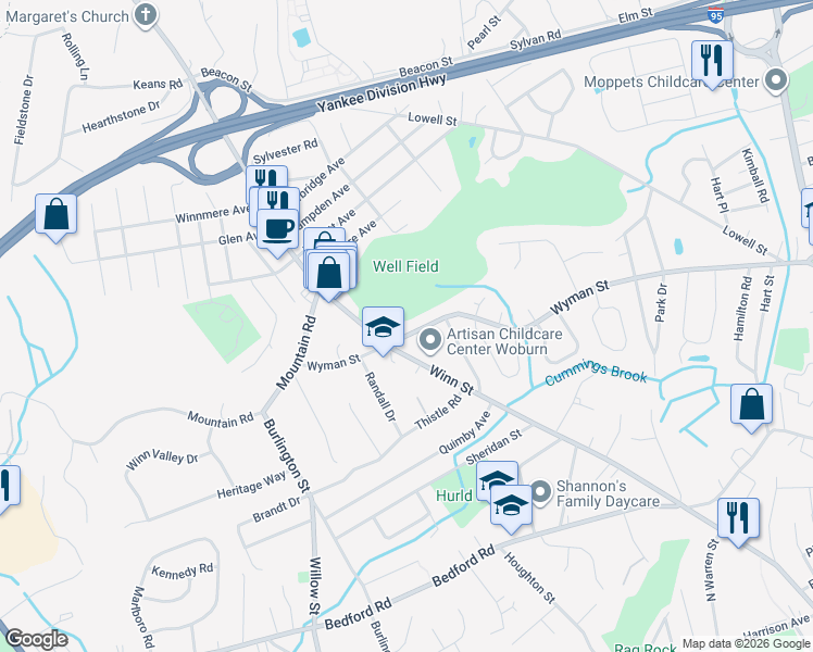 map of restaurants, bars, coffee shops, grocery stores, and more near 7 Wyman Street in Burlington