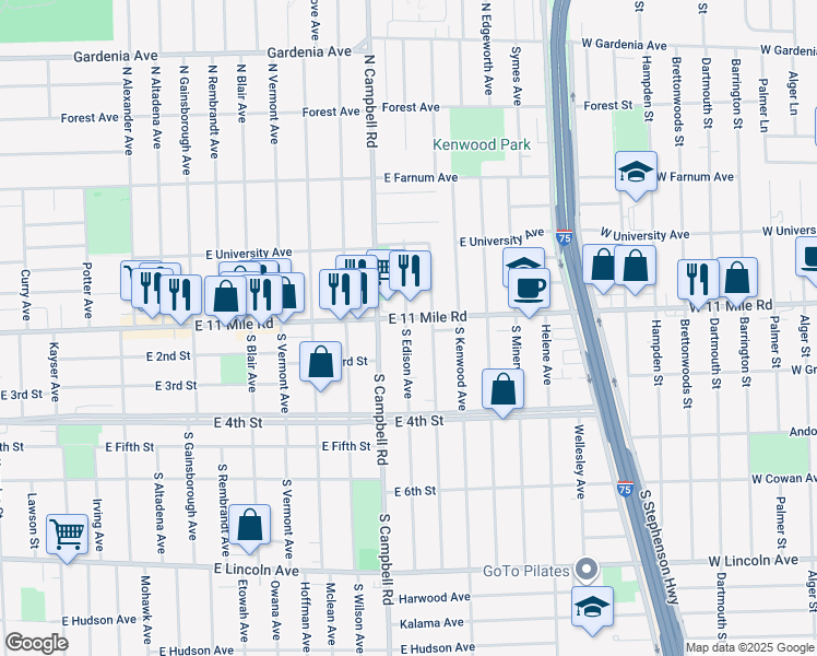 map of restaurants, bars, coffee shops, grocery stores, and more near 15 North Dorchester Avenue in Royal Oak