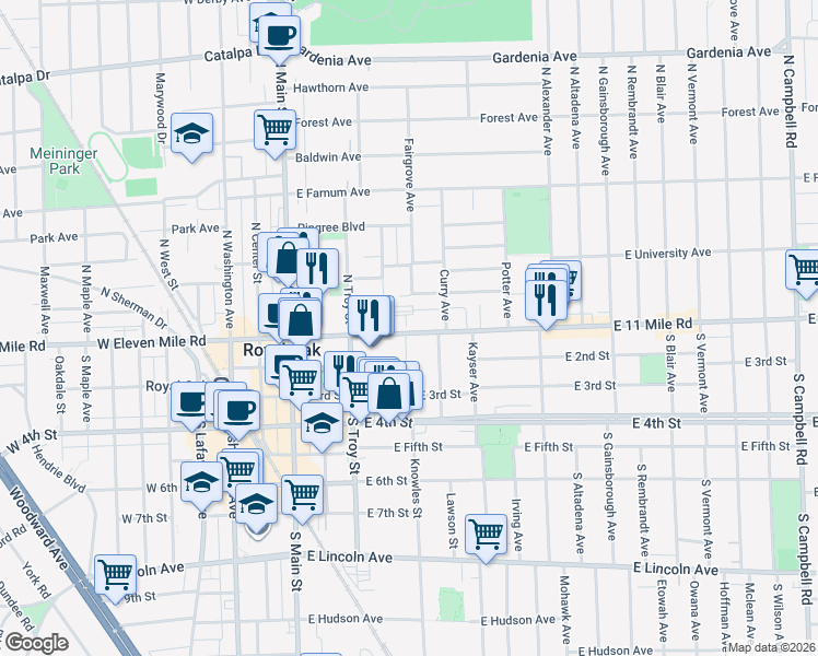 map of restaurants, bars, coffee shops, grocery stores, and more near 101 Curry Avenue in Royal Oak