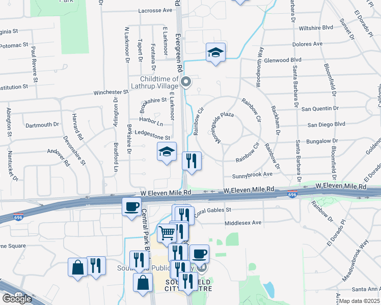 map of restaurants, bars, coffee shops, grocery stores, and more near 27414 Evergreen Road in Lathrup Village