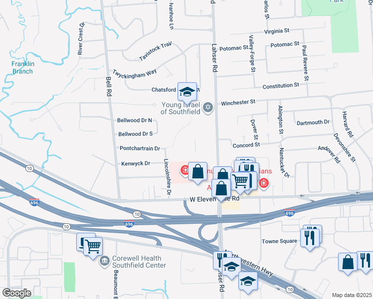map of restaurants, bars, coffee shops, grocery stores, and more near 27655 Lahser Road in Southfield