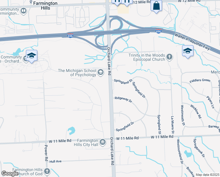 map of restaurants, bars, coffee shops, grocery stores, and more near 26814 Orchard Lake Road in Farmington Hills