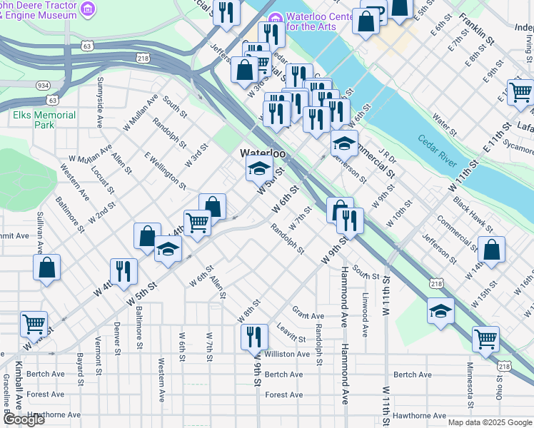 map of restaurants, bars, coffee shops, grocery stores, and more near 629 West 5th Street in Waterloo