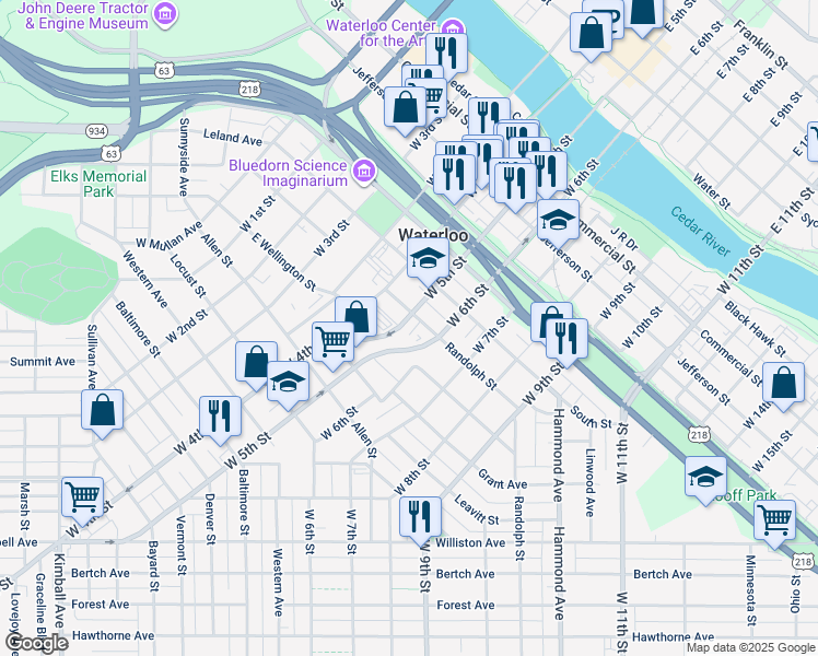 map of restaurants, bars, coffee shops, grocery stores, and more near 629 West 5th Street in Waterloo